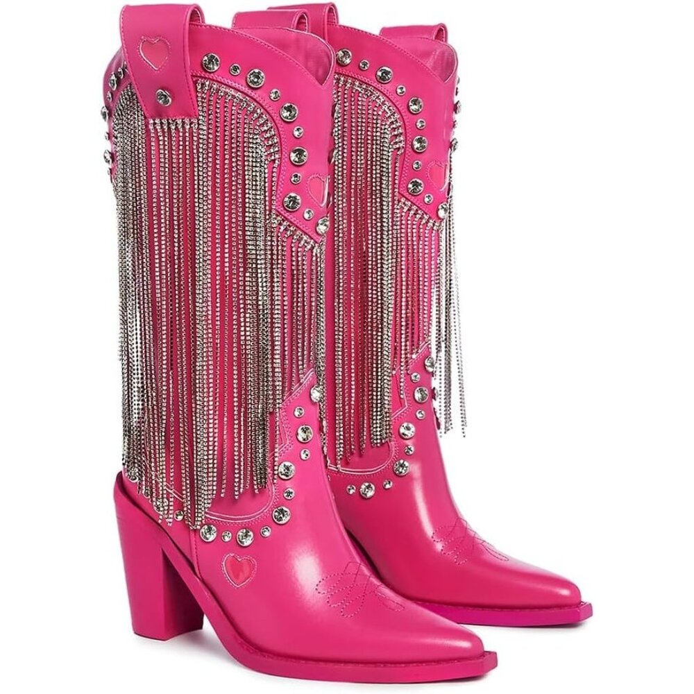 ⚡Women's Pink Cowboy Boots Vegan Leather With Rhinestone Fringe Jewel Studs